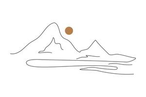 Abstract mountain landscape background. Hand drawn mountains and sun in minimal line art style. Modern vector illustration isolated on white