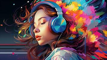 un ilustración de vistoso retrato de un persona escuchando a música mientras vistiendo auriculares foto