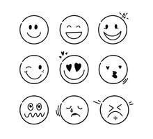 Doodle Emoji face line icon set. Comic faces with different emotion expressions, smile, happy, in love, angry, sad. Doodle cartoon style. Vector illustration isolated on white background