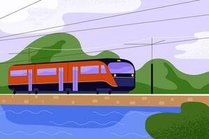 Modern commuter passenger train in nature landscape. Summer travel by rail road transport. Railway, way among trees and lake, green hills, countryside. Colored flat vector illustration