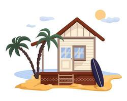 playa casa con palma arboles dibujos animados vector ilustración aislado en blanco antecedentes. tropical bungalow, choza en costa de mar para verano vacaciones