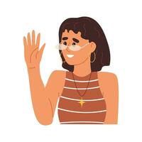 Happy girl greeting, waving with hand, gesturing hi five. Smiling teen girl inviting welcoming smb. Trendy young woman with eyewear and modern jewelery. Flat vector illustration