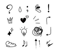 Doodle cartoony expression sign set on white background. Cute hand drawn line movement elements, emoticon effects. Isolated vector illustrations