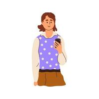 Teen girl using mobile phone. Happy female character with smartphone in hands, surfing internet, social network. Teenager with cellphone. Flat vector illustration isolated on white background