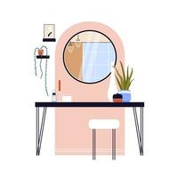 Modern hallway with painted wall arch, round mirror, console table, candles and houseplants. Loft style interior design. Flat vector illustration isolated on white background