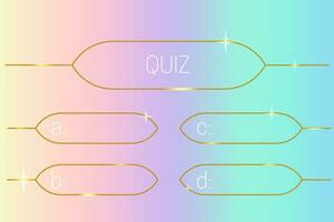 Quiz game template with question and answers in y2k style. Trivia contest TV show layout with modern gradient and gold number frames. Vector illustration