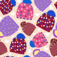 Winter seamless pattern with hats or caps in vector. Red, pink violet and burgundy colors illustration collection. vector