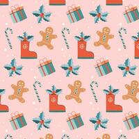 Seamless Christmas Pattern With Gingerbread Man, gift . vector