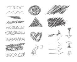 A set of handwritten arrow illustrations that look like they were drawn with markers. Scribbles, spots. Black colors vector