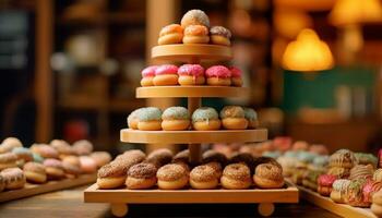 A tempting collection of homemade macaroons on a wooden shelf generated by AI photo