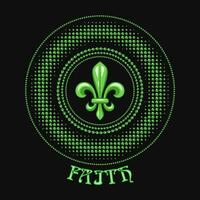 Round carnival Mardi Gras green colored label meaning faith. Beads, fleur de lis symbol, text. Halftone style. For prints, clothing, apparel, t shirt, surface design. Vintage style vector