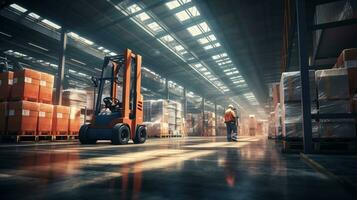 painting of a warehouse with forklifts.  AI generative photo