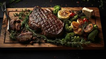 a steak is on a cutting board with vegetables and herbs. AI generative photo