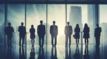 silhouettes of business people standing in front of large windows.  AI generative photo