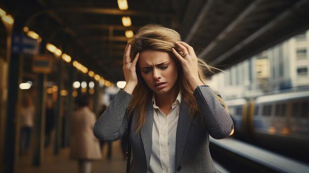 a woman is holding her head in her hands while standing in front of a train. AI generative photo