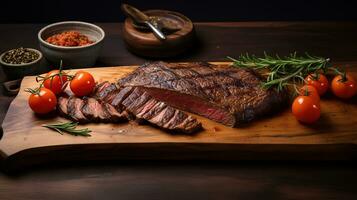 piece of steak on a wooden cutting board. AI generative photo