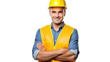 retrato de un sonriente hombre en amarillo difícil sombrero y la seguridad chaleco. generativo ai foto