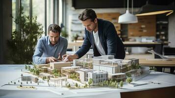 two men looking at a model of a building.  AI generative photo