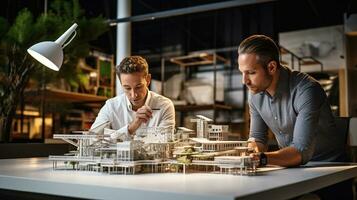 dos hombres mirando a un modelo de un edificio. ai generativo foto