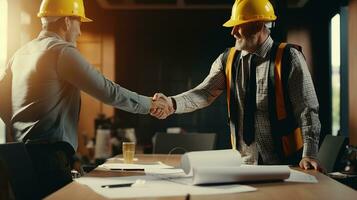 two people shaking hands over a desk with a hard hat. AI generative photo