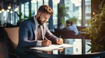 a man in a suit is writing on a piece of paper. generative ai photo