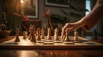un persona es jugando ajedrez en un de madera mesa. ai generativo foto