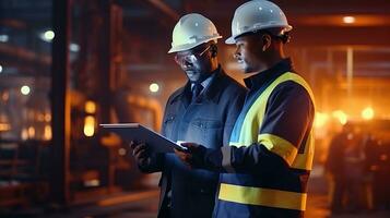 two men in hard hats standing in front of a tablet. AI generative photo