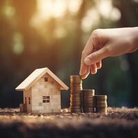 hand placing coins on house model with sun in background. photo