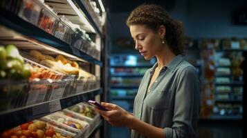 a woman looking at her phone while standing in front of a refrigerator.  AI generative photo
