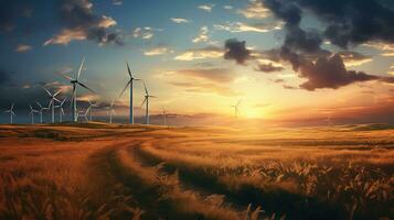 viento turbinas en un campo a puesta de sol. ai generativo foto