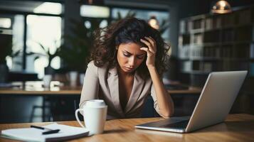 a woman sitting at a table with a laptop and a cup of coffee. AI Generative photo