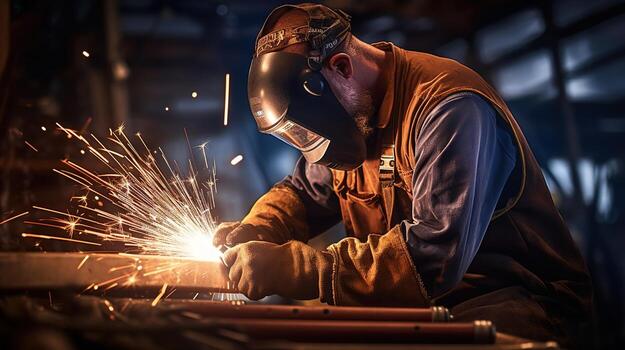 a man welding with sparks on his face. generative ai photo