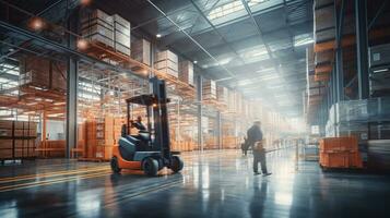 a man standing in front of a forklift in a warehouse. AI generative photo