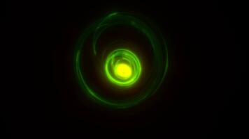 abstrakt grön ringar sfärer från energi magi vågor av rök cirklar och lysande rader på en svart bakgrund video