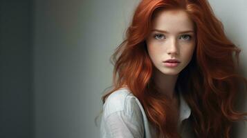 a beautiful redhead woman with long hair. generative ai photo