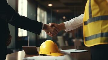 two people shaking hands over a desk with a hard hat. AI generative photo