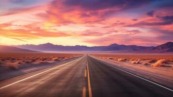 an empty road in the middle of the desert at sunset.  AI generative photo