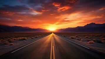 un vacío la carretera en el medio de el Desierto a puesta de sol. ai generativo foto