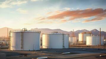 oil tanks in an industrial area with mountains in the background. AI generative photo