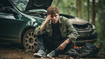 un hombre sentado siguiente a su roto coche. ai generativo foto