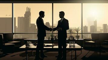 two business men shaking hands in front of a large window. generative ai photo