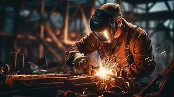 man in a welding helmet working on metal. generative ai photo