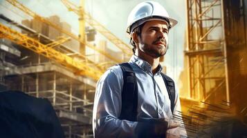 a man in a hard hat and safety vest standing in front of a construction site. AI generative photo