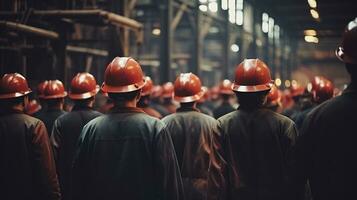 a group of men wearing hard hats in a factory. AI generative photo