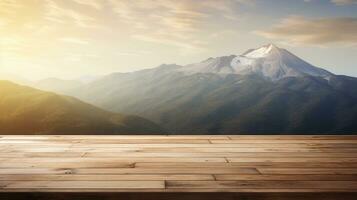 empty wooden table with mountains in the background. AI generative photo