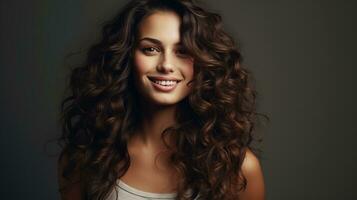 hermosa mujer con Rizado pelo sonriente. ai generativo foto