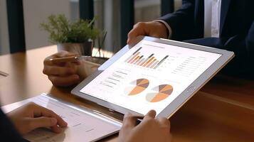 two people are looking at a tablet with graphs on it. AI generative photo