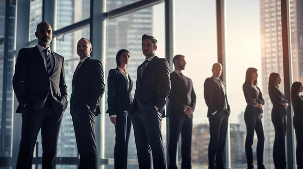 business people standing in front of large windows.  AI generative photo