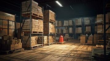 a warehouse with boxes and shelves. AI generative photo