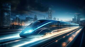 un futurista tren de viaje mediante el ciudad a noche. generativo ai foto